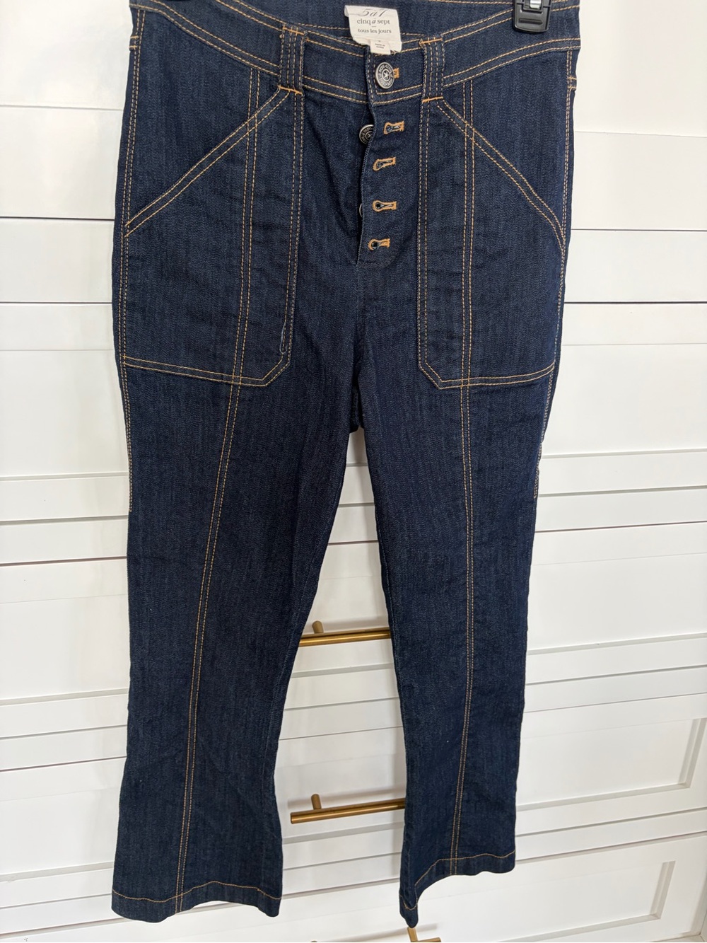 cinq a sept Dark Blue High-Rise Flare Jeans with Contrast Stitching- NEW!